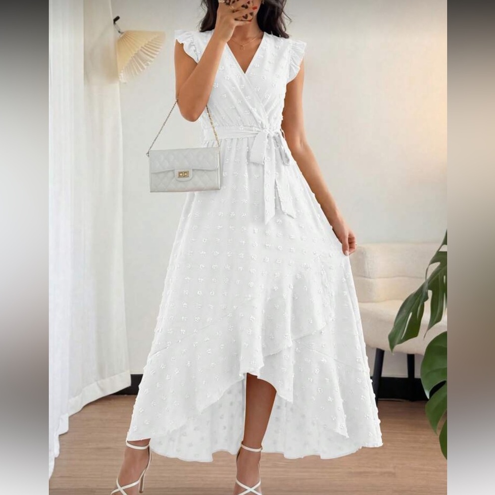 Elegant White High-Low Midi Dress with Tie Waist